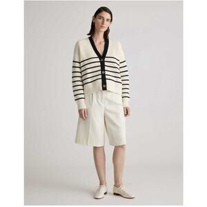 Quince Organic Cotton Fisherman Boxy Cropped Cardigan Offwhite/Black Stripe Sz S